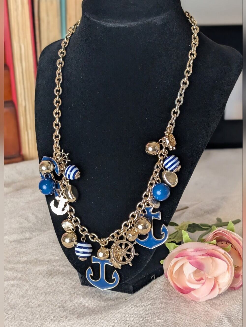 Vintage Y2K Nautical Charm Necklace Gold Tone Anchors Ship Wheel Coastal